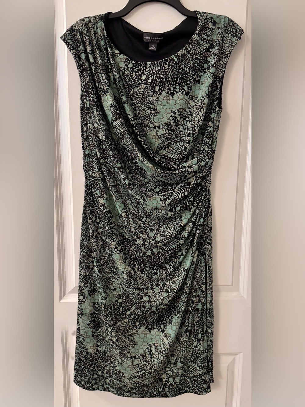 #2533 Connected Apparel Cap Sleeve Ruched Faux Wrap Midi Dress Green Black Gold